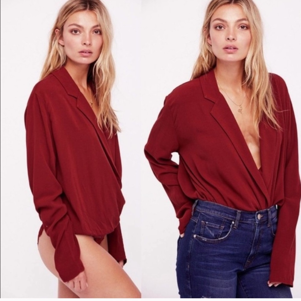 Free People Red V Neck Surplice Bodysuit